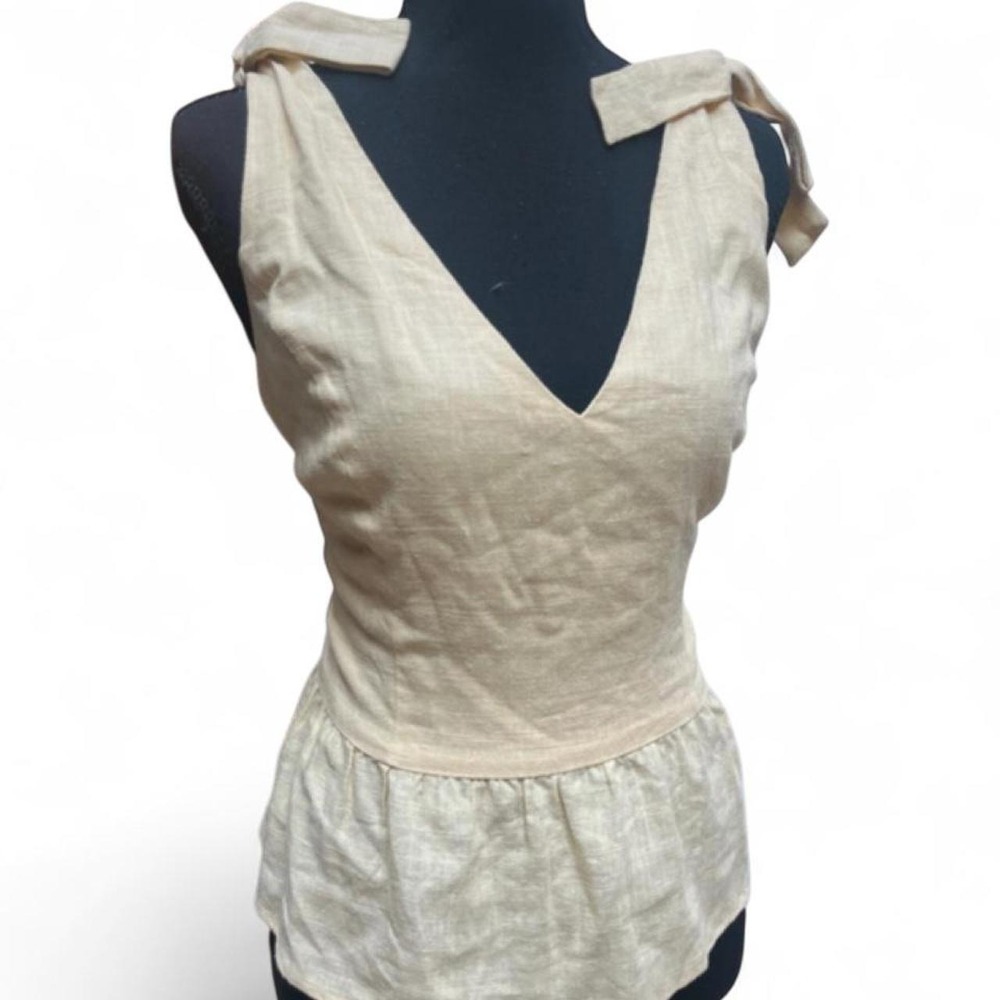 Express Womens Linen Blend Tie Shoulder Peplum Tank Top Beige Large NWT